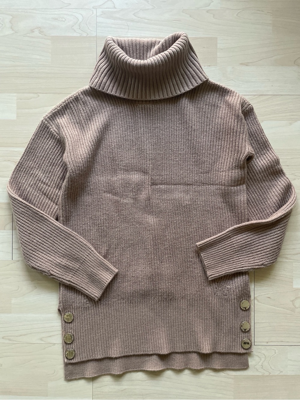 Karl Lagerfeld Dusty Rose Ribbed Turtleneck Sweater with Side Buttons